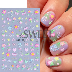 Cross-border New Nail Art Stickers Ins Cute Cartoon Graffiti Flower Bow Cherry Strawberry Nail Stickers