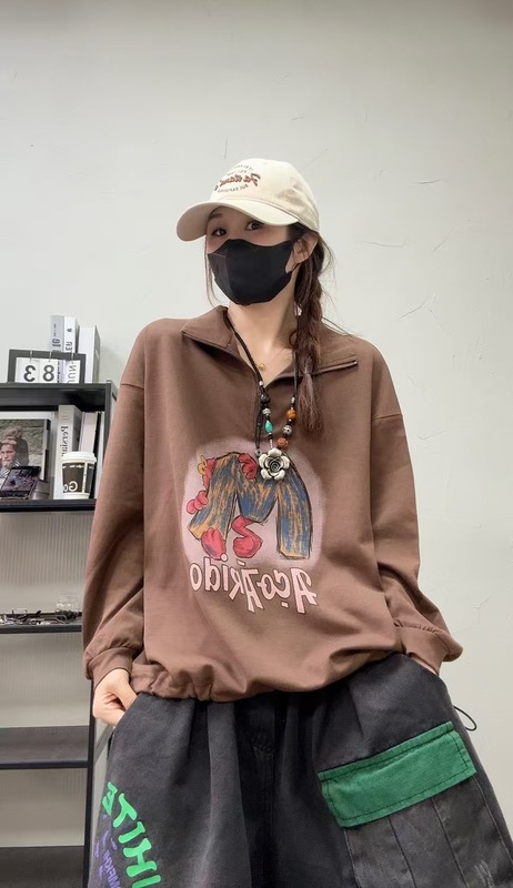 下摆抽绳字母印花卫衣女 2025秋新款韩版宽松休闲翻领套头上衣|undefined