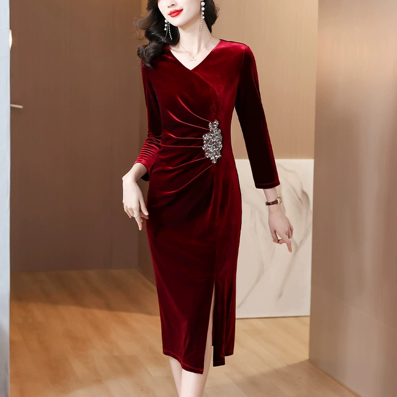 Ретро золотое бархатное платье женское 2023 осень-зима новый высокий темперамент складки