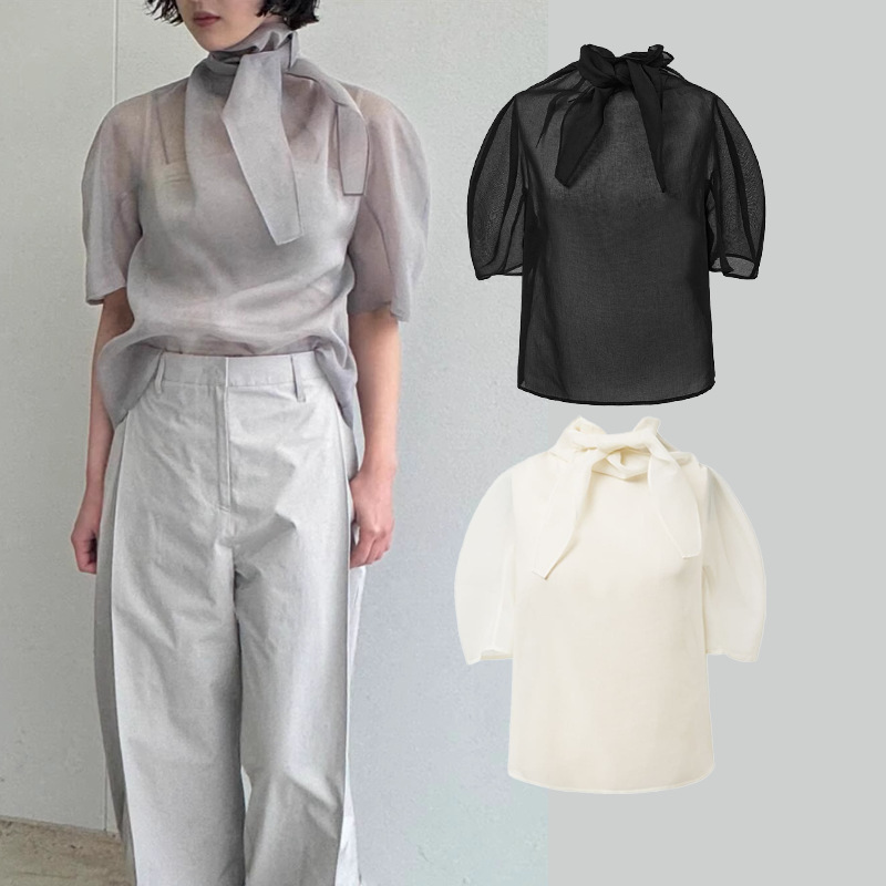 In Stock~Korean Am*Ment* New Summer Style Puff Sleeve Knotted Collar Semi-Transparent Solid Color Tie Short-Sleeve Top