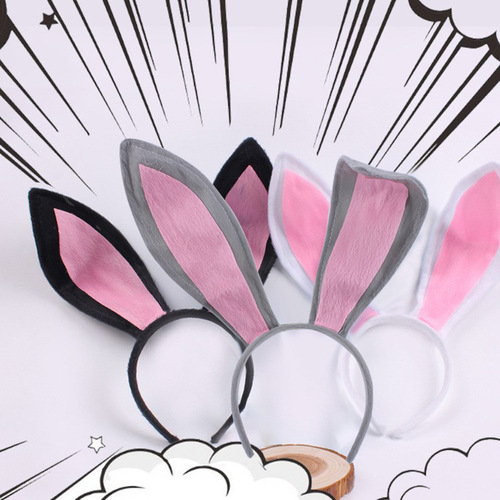Rabbit ears headband, black, pink, white and gray, plush rabbit ears hair accessory, cute maid cosplay props