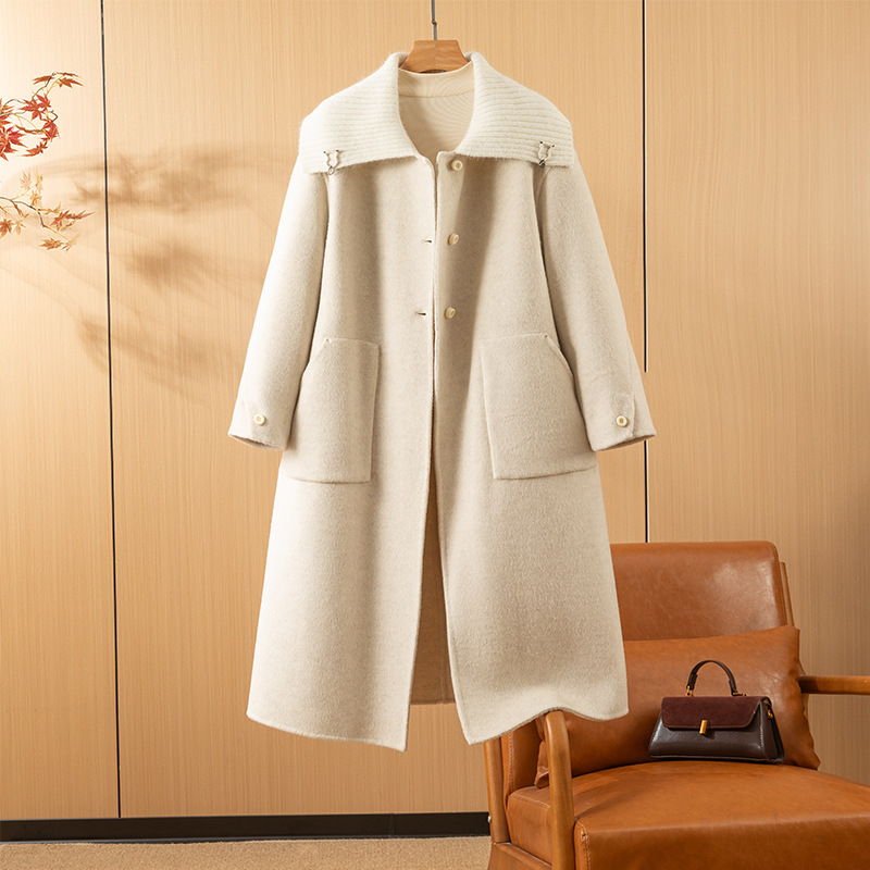 2025秋新款灰色入冬高级感双面呢大衣时尚针织翻领女羊毛外套