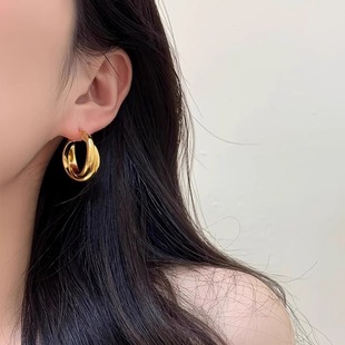 Retro light luxury gold glossy Hong Kong style circle earrings for women new high-end earrings niche design versatile earrings