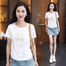 新中式国风短袖t恤女2024夏季新款简约百搭时尚减龄短款正肩上衣