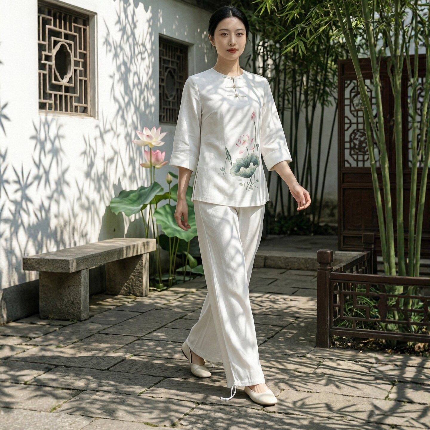 棉麻禅修服女春秋国风盘扣套装印花瑜伽居士茶服亚麻养生装禅意