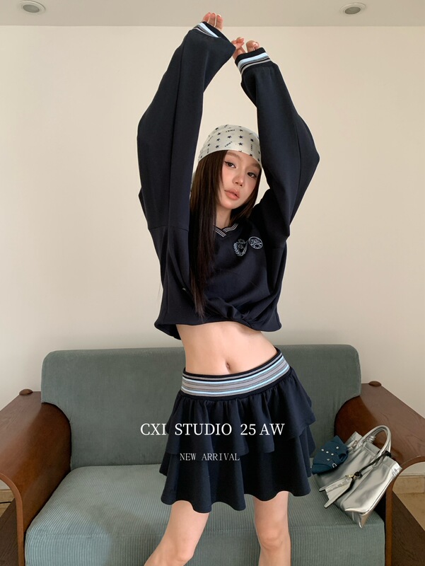 CXI 学院风休闲套装女秋季甜辣运动长袖卫衣修身显瘦蛋糕裙两件套|undefined