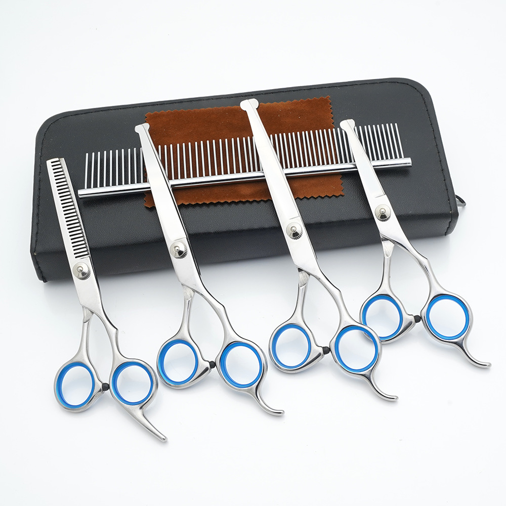 Tijeras de cuidado de mascotas al por mayor de fábrica, tijeras planas de corte de pelo de perro, tijeras de dientes finas, tijeras de colores, herramientas de corte de pelo de gato