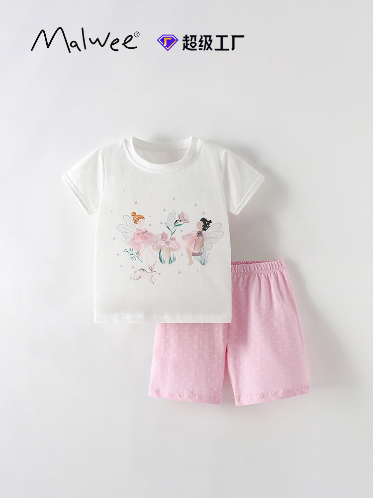 Malwee niñas de manga corta verano nuevo estilo europeo y americano niños pequeños y medianos cuello redondo pantalones cortos de manga corta niños casuales de dos piezas