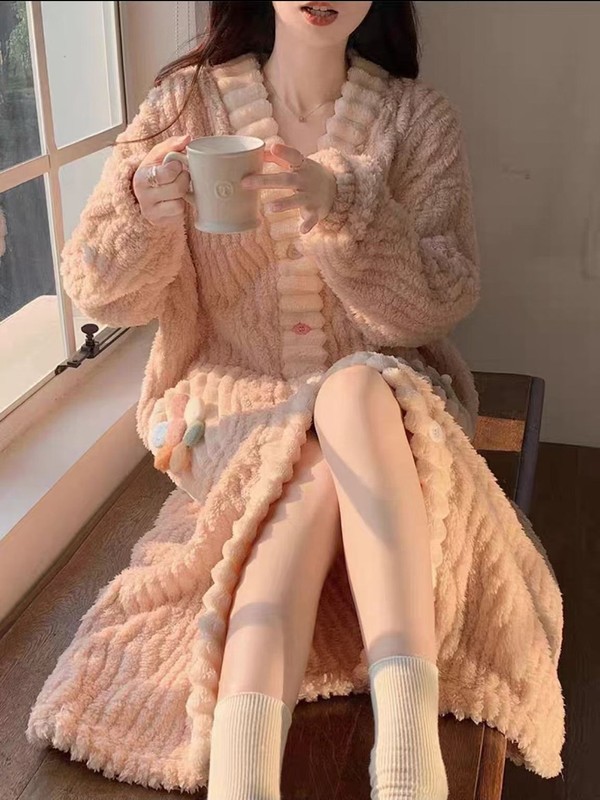 珊瑚绒睡衣女冬天加厚外穿法兰绒家居服宽松长款开衫套装加厚保暖|undefined