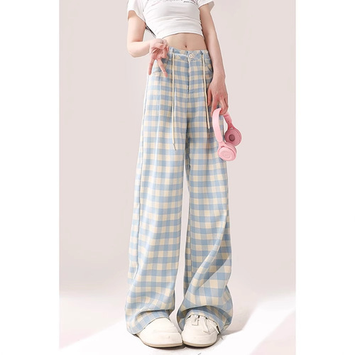 Blue Grid Casual Pants for Women, Loose High-Waisted, Slouchy Drape, Straight Leg Wide Leg Floor-Length Pants