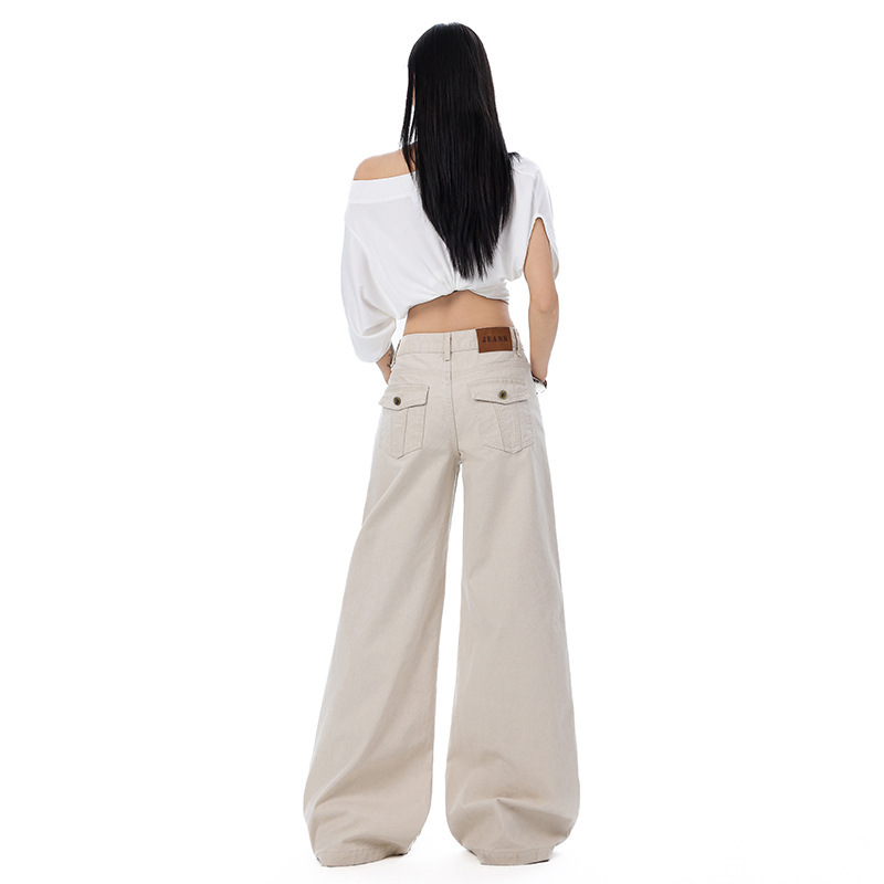 2026 Spring New Style Casual Washed Pearl Canvas Fabric American-Style Low-Waist Slimming Loose Wide-Leg Casual Jeans