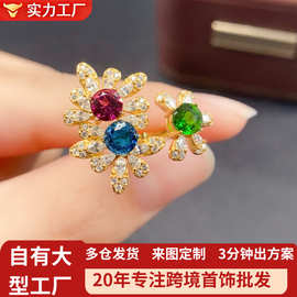 跨境亚马逊天然托帕石戒指S925银主石5*5热销耳饰女设计感小众