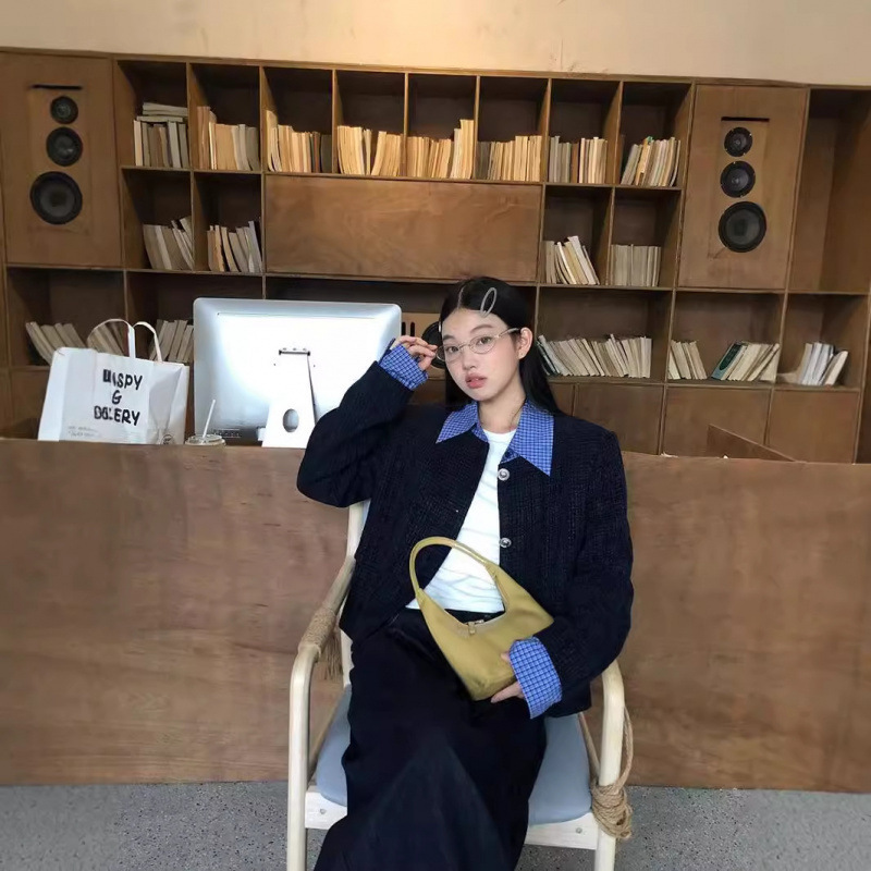 韩系假两件拼接翻领小香风外套女秋季新款宽松休闲短款夹克上衣潮|undefined