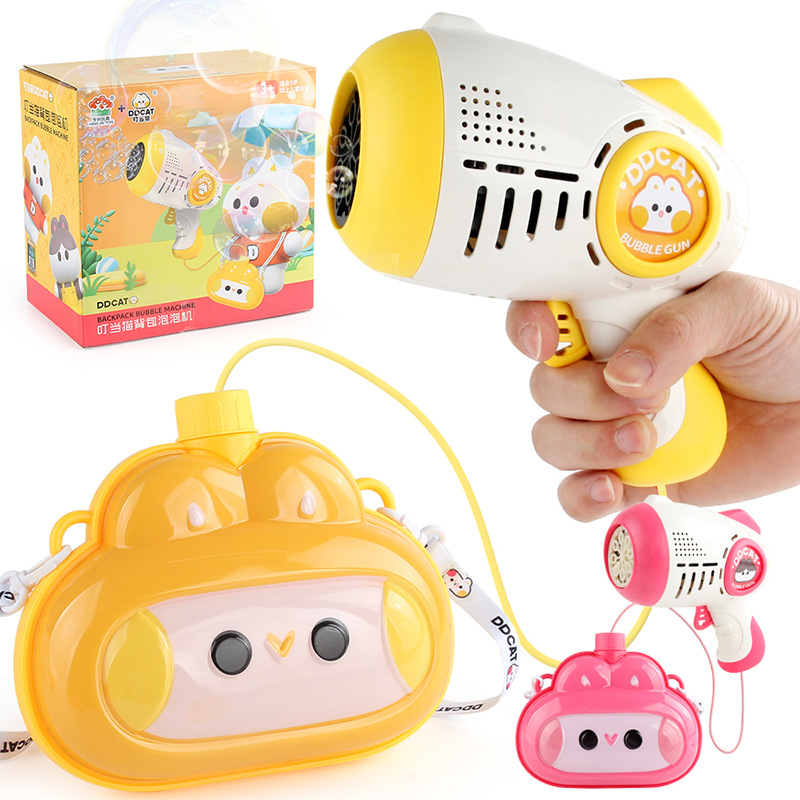Los niños de juguete de la burbuja ocasional gato burbuja eléctrica que sopla la pistola de burbujas automática mochila caja de color traje al por mayor