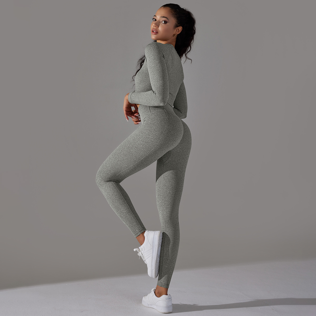 Rochie de yoga Jacquard pentru femei, cu mânecă lungă, talie înaltă, colanți de șold, îmbrăcăminte sport pentru fitness_voghion.com