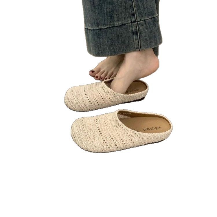 Media pantuflas de puntera transpirable hueca tejida a mano de nicho francés para mujer con zapatos muller de suela gruesa de estilo romano