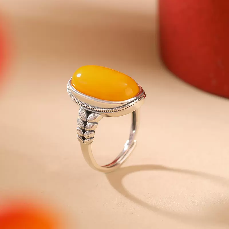 悦宝珠宝S925纯银蜜蜡复古做旧麦穗蛋面戒指气质岁岁平安开口指环