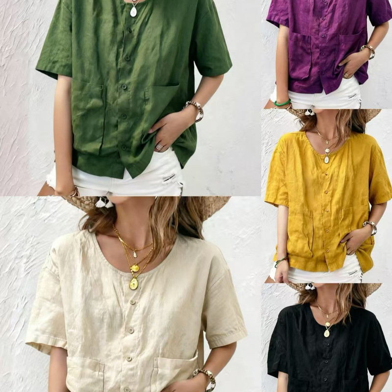 Cross-Border European and American Minimalist Style Cotton and Linen Short-Sleeve Shirt Top, New Summer Design with Pockets, Loose Fit, Slimming Effect for Women