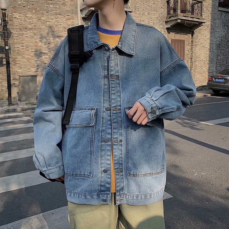 Denim Jacket Men's Autumn New Hong Kong-style Trendy Loose Workwear Jacket Couple's Fashionable Large Pocket Casual Top