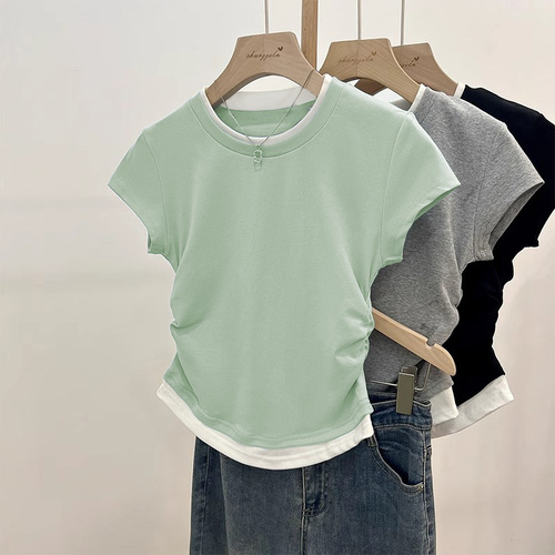 Tunic Top for Women - 2025 Summer, Pleated, Tailored, Crew Neck, Color-blocked, Two-piece Style, Modal Short Sleeve