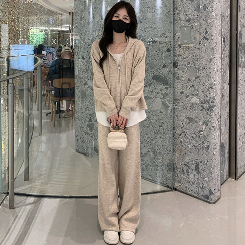 哺乳期套装针织连帽气质显瘦喂奶衣服产后母乳妈妈阔腿裤子两件套|undefined