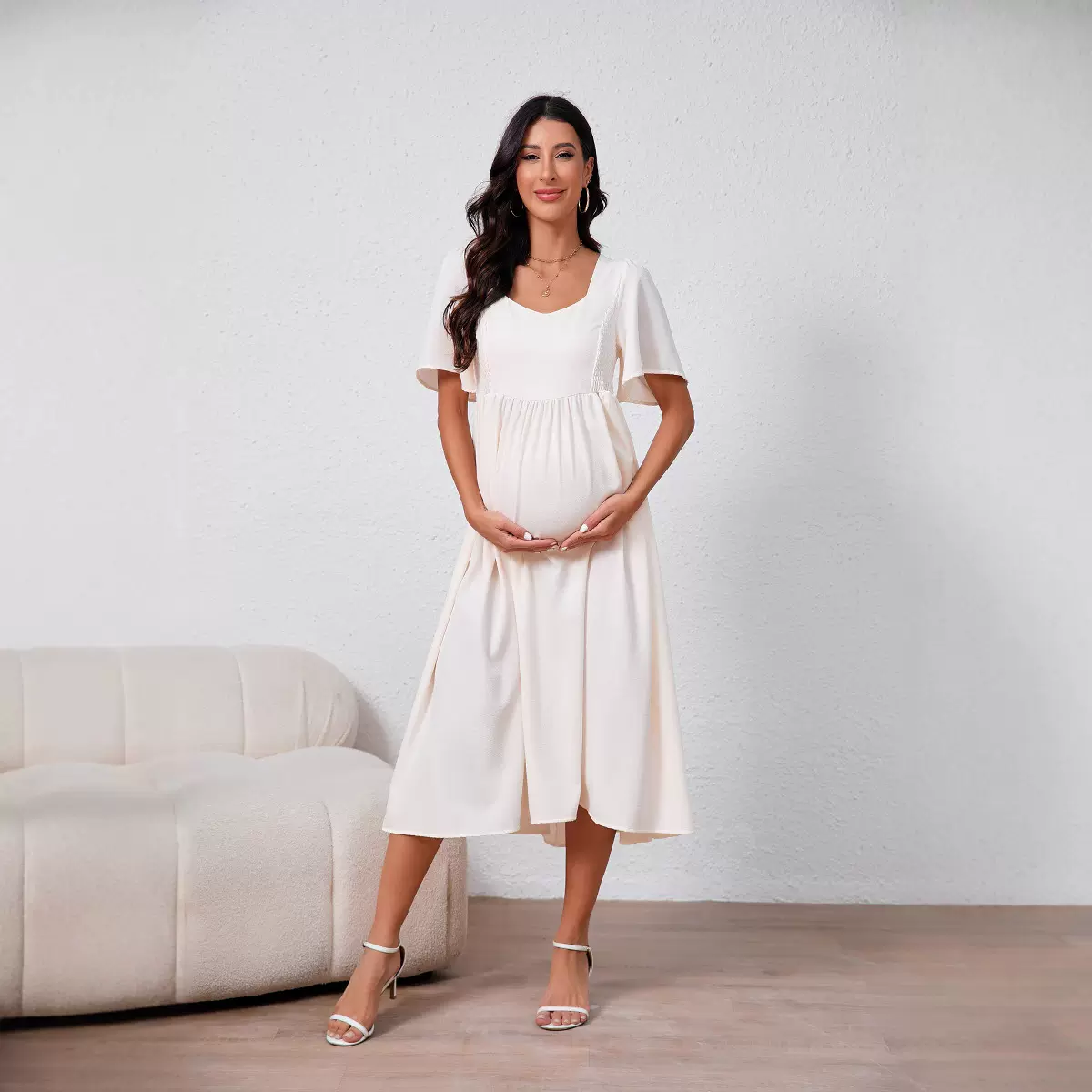 亚马逊2025春夏新款方领打揽大摆度假短袖纯色孕妇裙 长款连衣裙