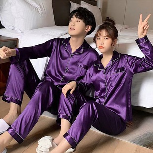 Korean style spring and autumn couple pajamas men's and women's long-sleeved cardigan artificial silk solid color Ice Silk plus size home wear suit