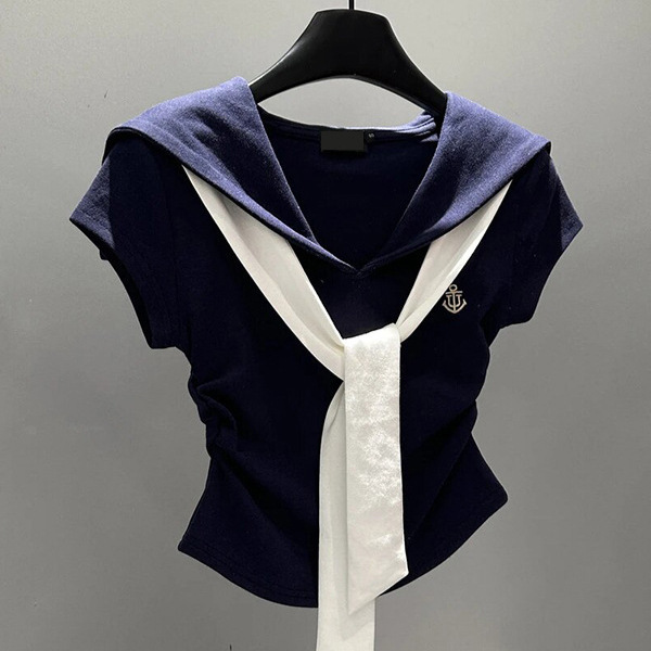 Navy Style Color-Blocked Shawl Splicing Fake Two-Piece T-Shirt for Women, 2026 Summer Design, Waist-Cinching Slimming Short-Sleeve Top