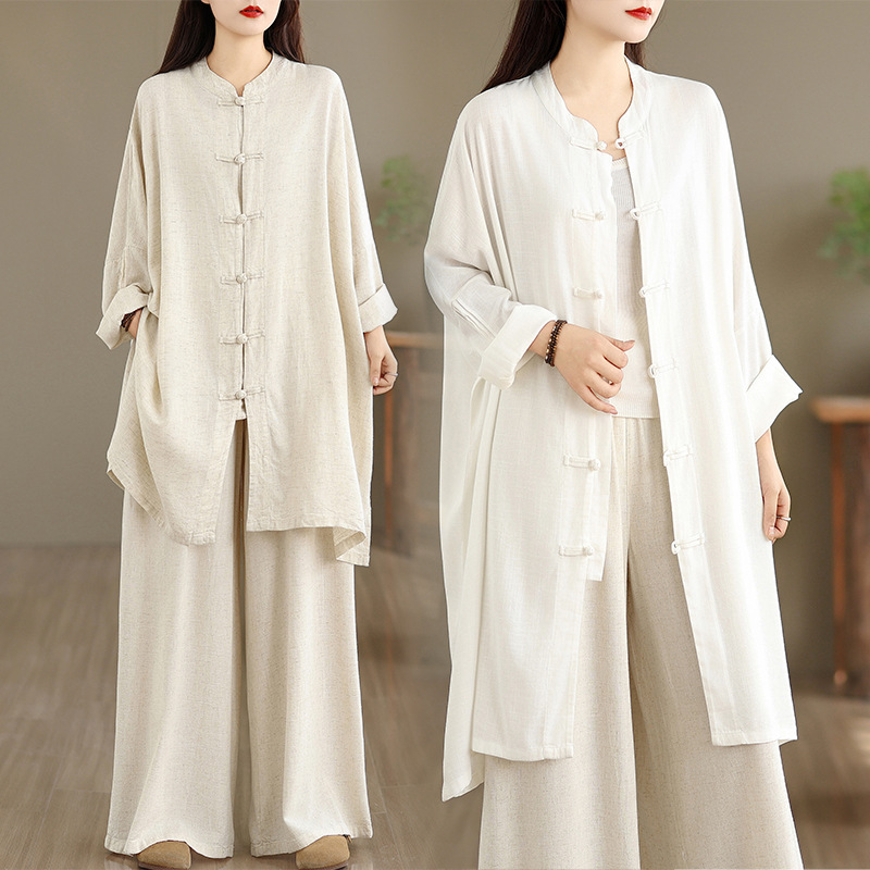 New Spring Vintage Shirt, Loose Mid-Length Long-Sleeve Tai Chi Top, Cotton-Linen Shirt Dress in White and Hemp Color New Spring Vintage Shirt, Loose Mid-Length Long-Sleeve Tai Chi Top, Cotton-Linen Shirt Dress in White and Hemp Color
