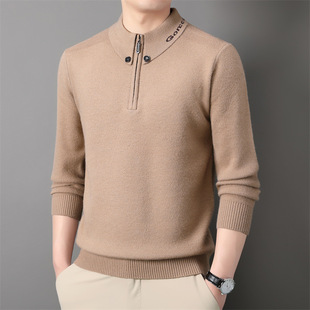 2024 Autumn and Winter New Men's Fashion Sweater Middle-aged Thick Zipper Lapel Solid Color Warm Sweater Knitted Sweater