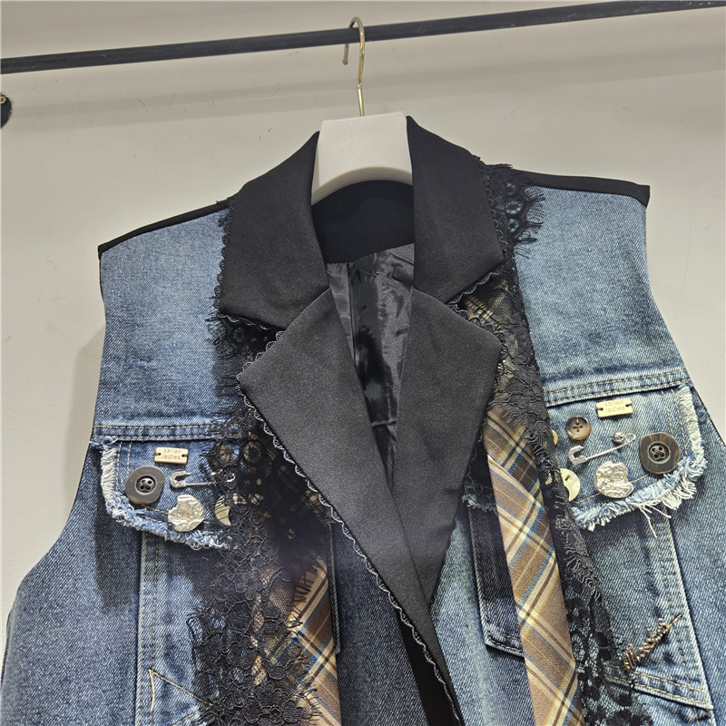Productos europeos otoño / invierno 2025 nuevo encaje de denim empalmado sensación de decoración tridimensional suelta chaleco chaqueta de mujer image 4