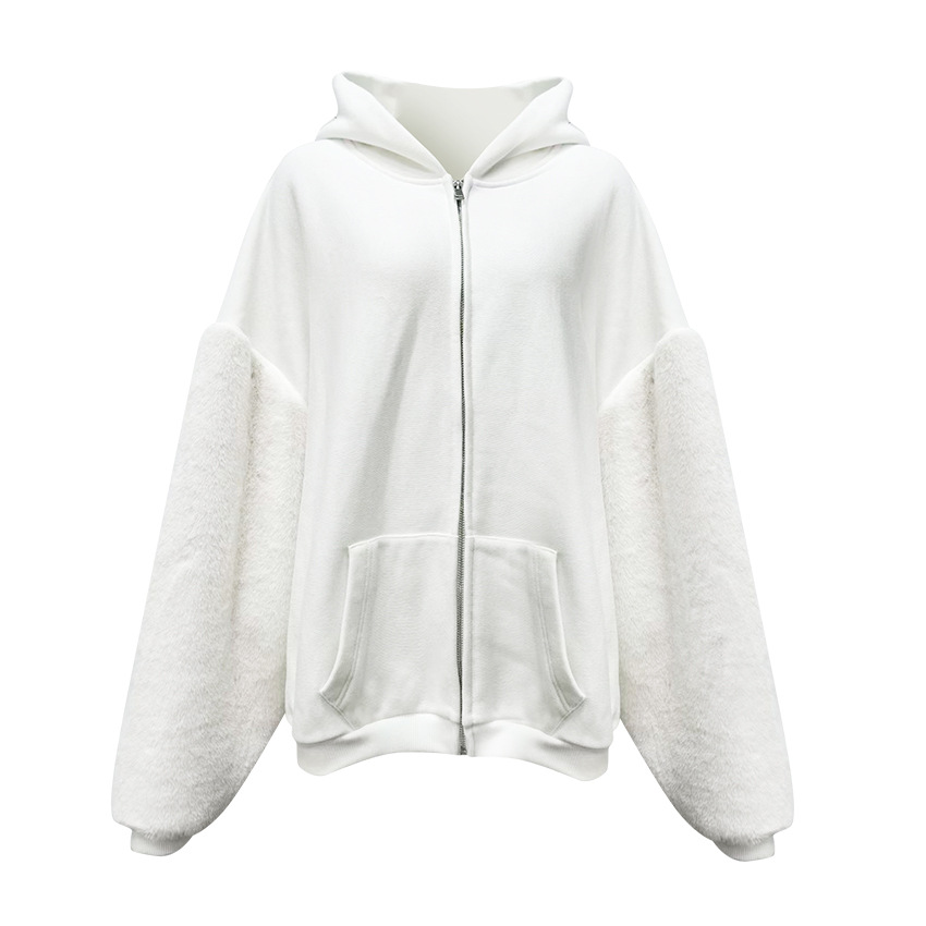 Winter Hooded Fleece lined Furry Sleeves Sweatshirt Women Idle Casual Loose Sleeve Length Cardigan Outerwear Top
