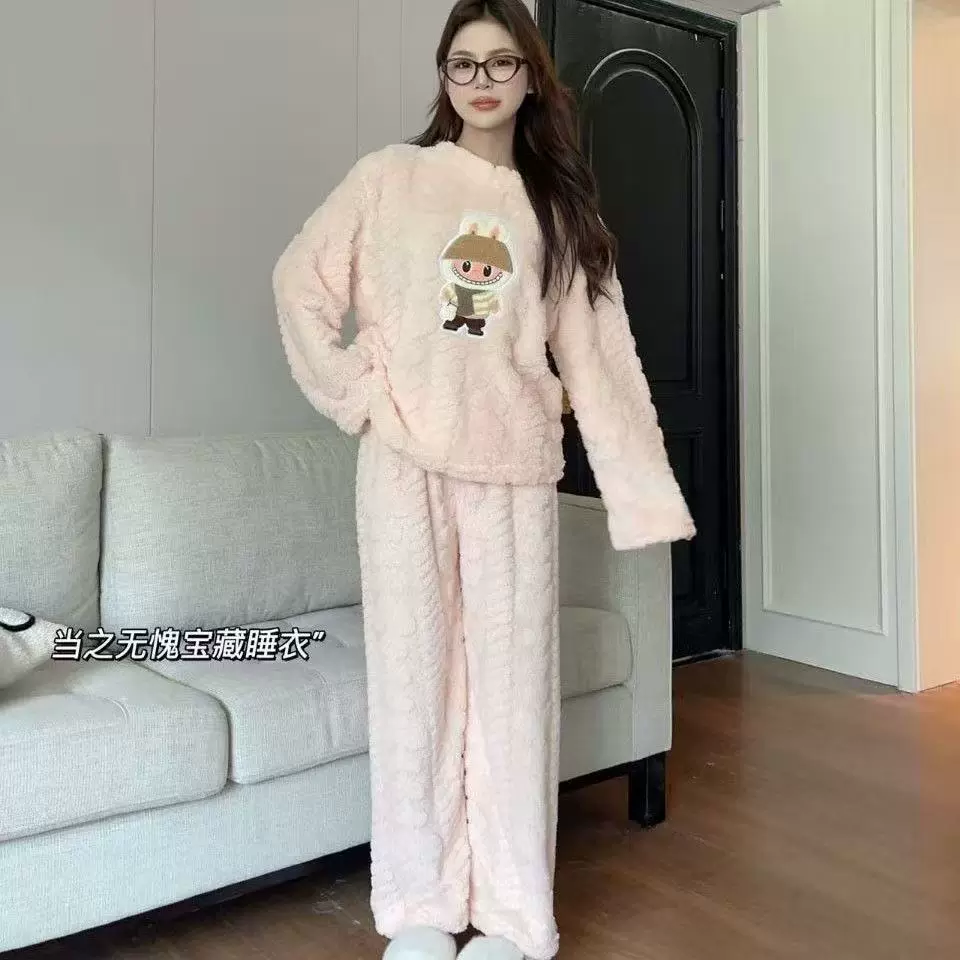 2025秋冬珊瑚绒爱心睡衣女卡通可外穿加厚保暖爱心软布布家居服拉