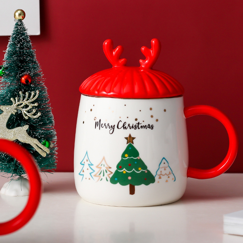 Creativo Navidad festivo regalo Taza de cerámica taza de dibujos animados nórdico pareja taza de agua taza de café con tapa cuchara