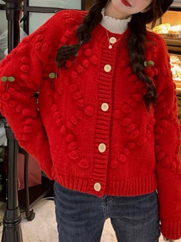 开衫毛衣针织衫外套上衣女复古立体樱桃甜美春秋季宽松外穿超好看|undefined
