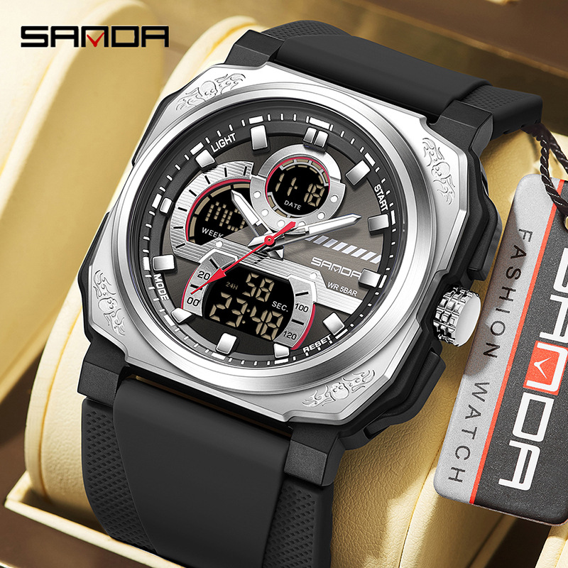Sanda SANDA multifuncional moda juvenil doble pantalla impermeable reloj para hombre cuadrado deportes de ocio reloj electrónico para estudiantes
