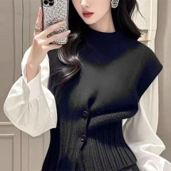 春秋2025新款设计感小众修身显瘦气质上衣黑色拼接长袖针织衫女装