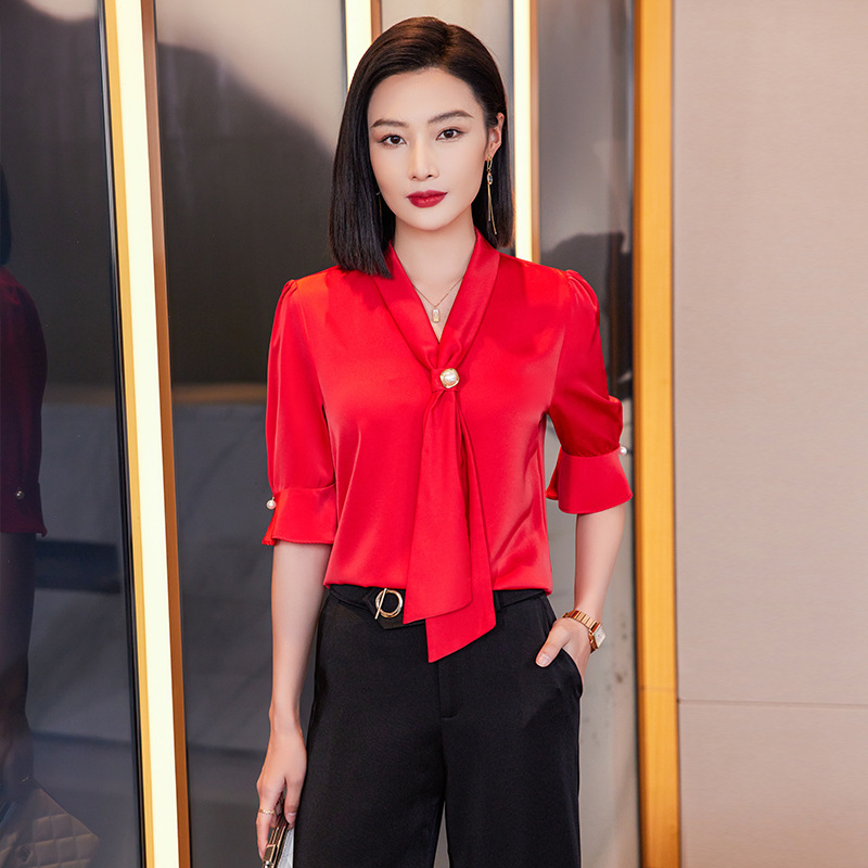 Spring and Summer New Red Women's Top High-end Draping Elegant Chiffon Shirt Half-sleeve Horn Tie Shirt Trendy Fairy