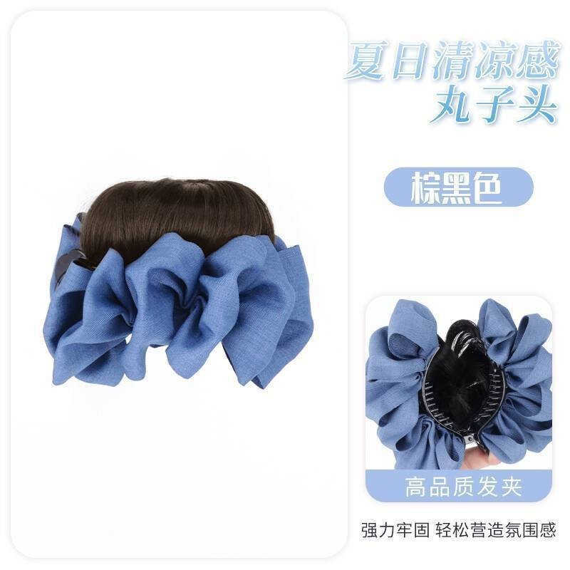 2025新版女款花苞丸子头女本时尚蓝色牛仔抓夹丸子夹增发量假发|undefined