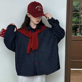 2025秋季女童新款文艺复古水洗翻领针织披肩牛仔衬衫衬衣外套批发