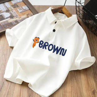 2025 Summer Korean Style Simple Boys' Cotton Letter Lapel Shirt Medium and Large Children's Tops New Short-Sleeved Clothes