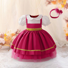 国境を越えた新しい乳幼児の子供のドレスのコスプレの赤い帽子の泡の袖の蓬蓬の王女のスカートの子供の出演服