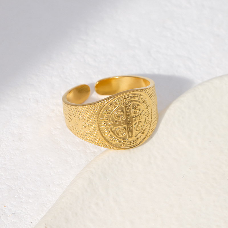 18K Real Gold Plated Plating Material Wide Band Ring Classification 1 Piece Quantity PVD Coated Real Gold Plated Cross Stainless Steel Retro Waterproof Non Tarnish Wide Band Ring
