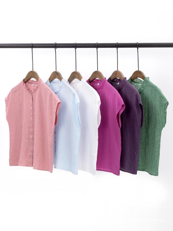 New Linen Shirt Carefully Selected 24 Years Summer Women's Work Clothing Age-reducing Lace Collar Full Linen Shirt Short Top