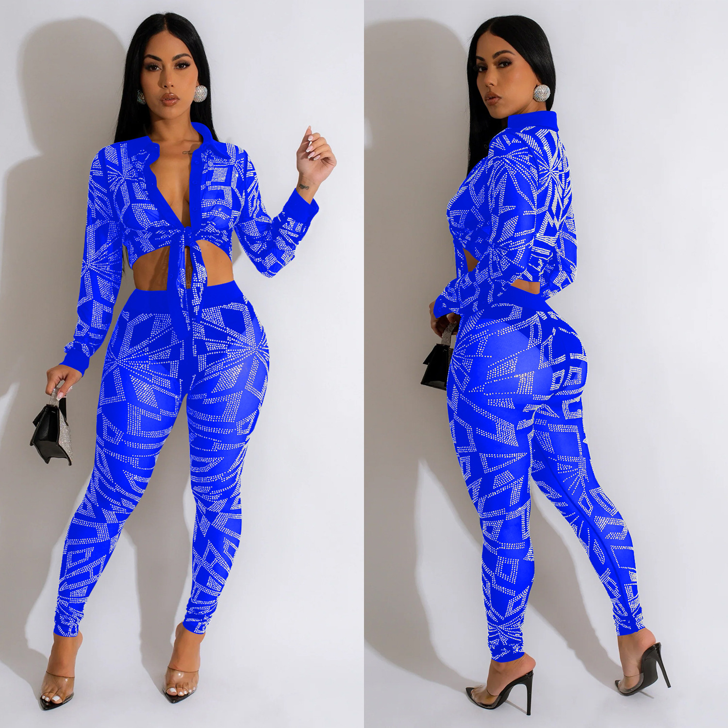 C6549 transfronteriza AliExpress Amazon ropa de mujer de moda europea y americana malla de color sólido rhinestone pantalones de manga larga conjunto de dos piezas