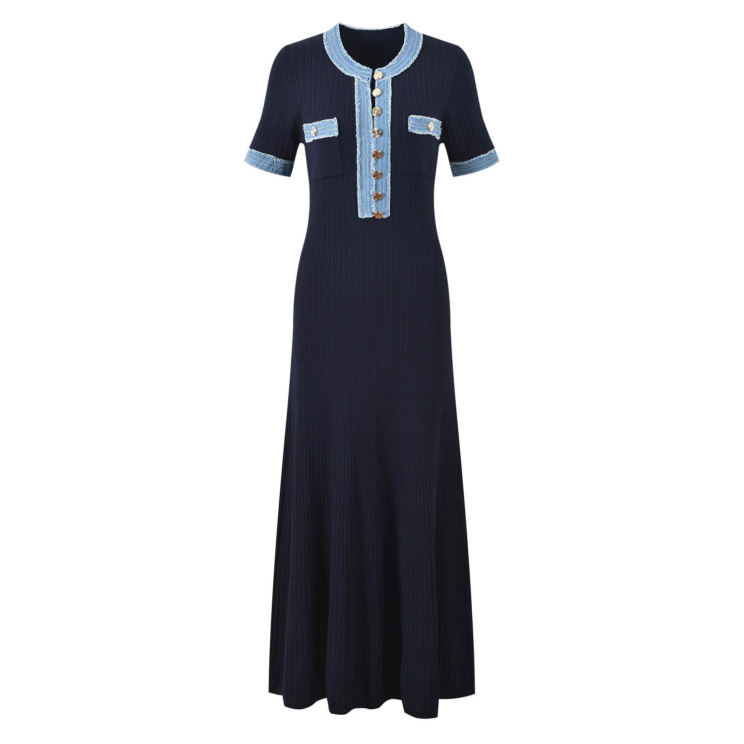 Elegante gebreide jurk met v-hals voor dames, geribbelde taillejurk_voghion.com