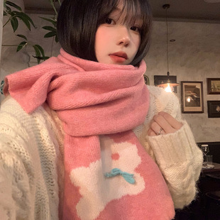 2024 New Cute Rabbit Bow Wool Scarf Women's Autumn and Winter Japanese Students All-match Warm Scarf