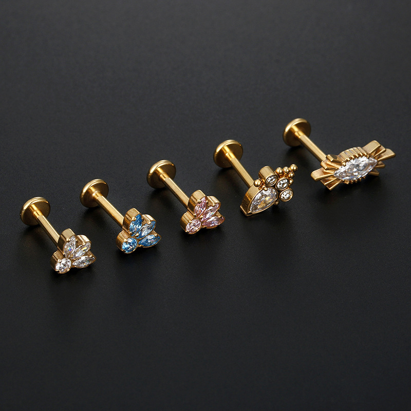 Fashion Flower Titanium Steel Plating Zircon Lip Stud 1 Piece display picture 1