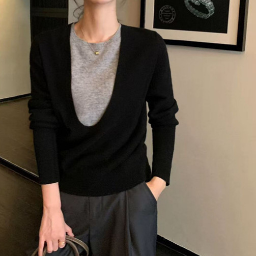 设计感假两件大U领100羊毛显瘦针织衫女春秋宽松毛衣|undefined