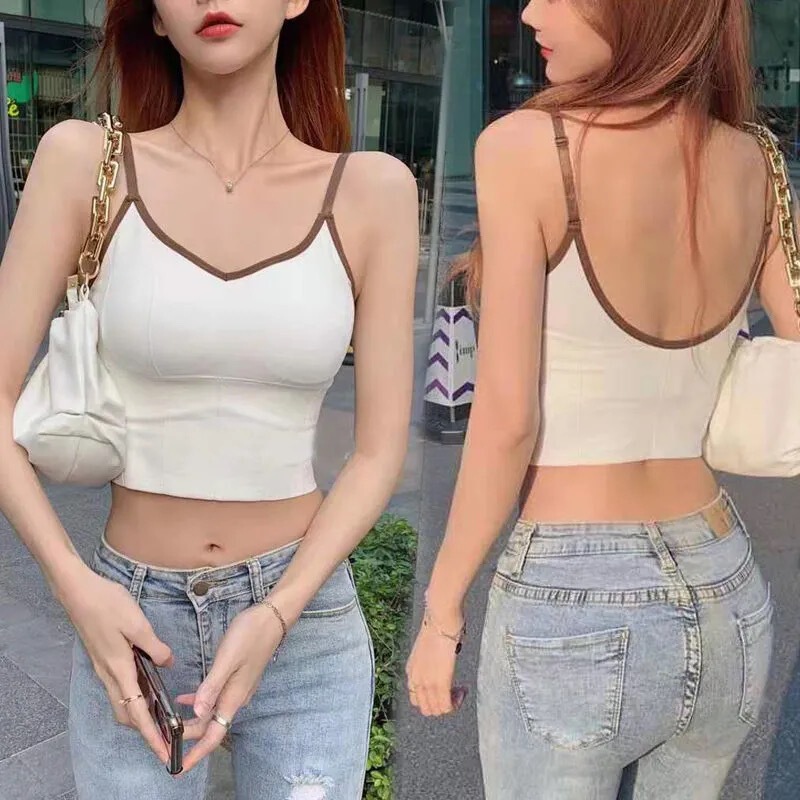 【Clearance Price】Vintage Style Color-Block Cross-Strap Tank Top Sexy Outerwear Tube Top Sports Undershirt for Women
